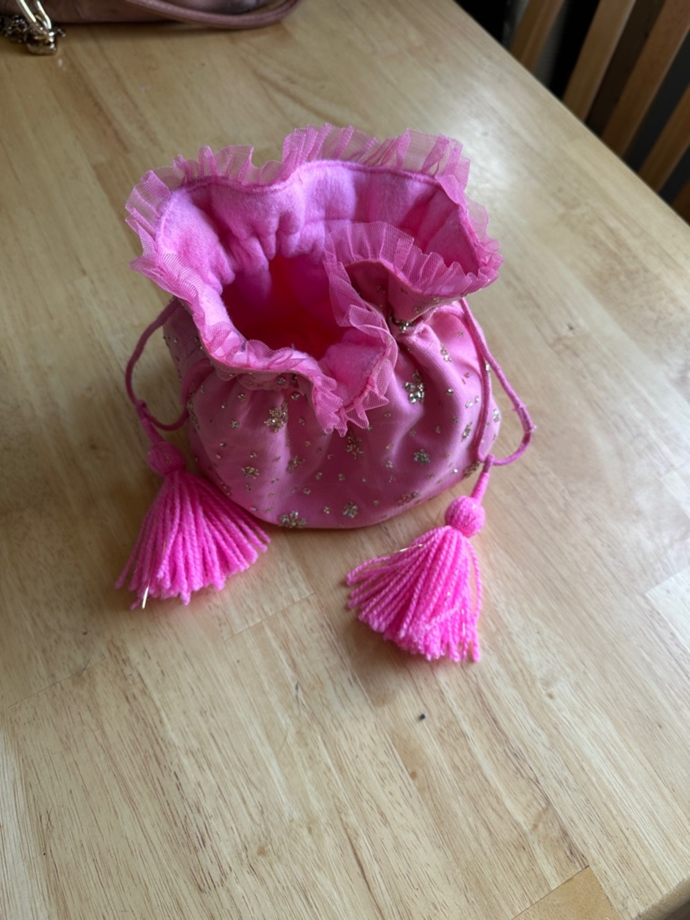 Free People Pink Ruffled Tassel Drawstring Pouch
